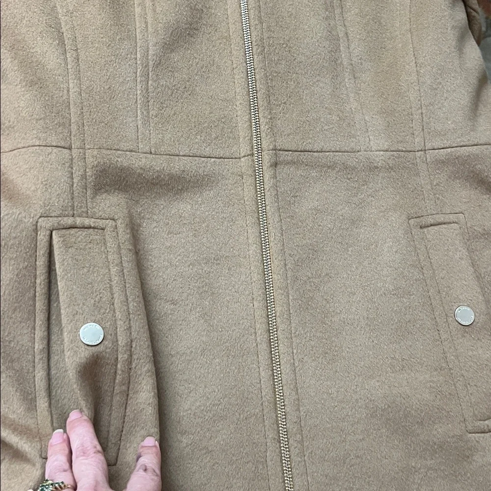 Michael Kors Wool Women's Hooded-Stand Collar Zip-Front Coat Camel Brown Size L